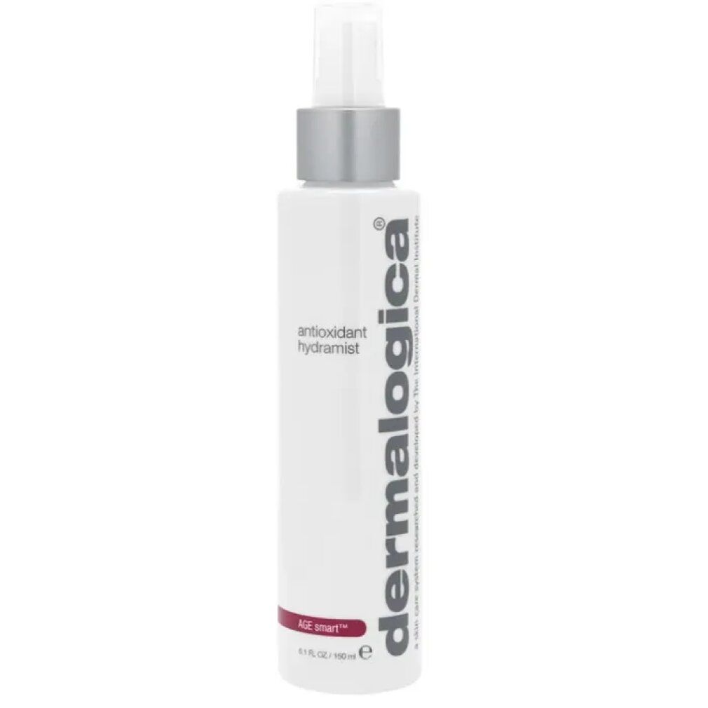 Weiße Flasche mit Sprühkopf. Aufschrift: antioxidant hydramist. Marke: Dermalogica. Roter Streifen mit Text.