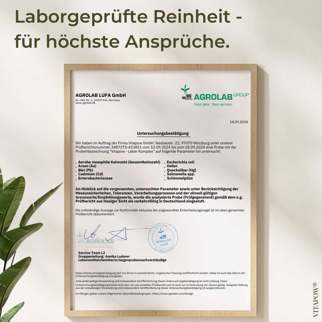 Zertifikat von Agrolab LUFA GmbH. Text: Laborgeprüfte Reinheit. Unterschrift. Vitapow Logo.