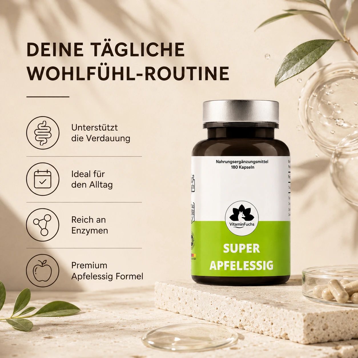 Braune Flasche mit Kapseln. Aufschrift: Super Apfelessig, VitaminFuchs. Symbole für Verdauung, Alltag, Enzyme, Apfel.