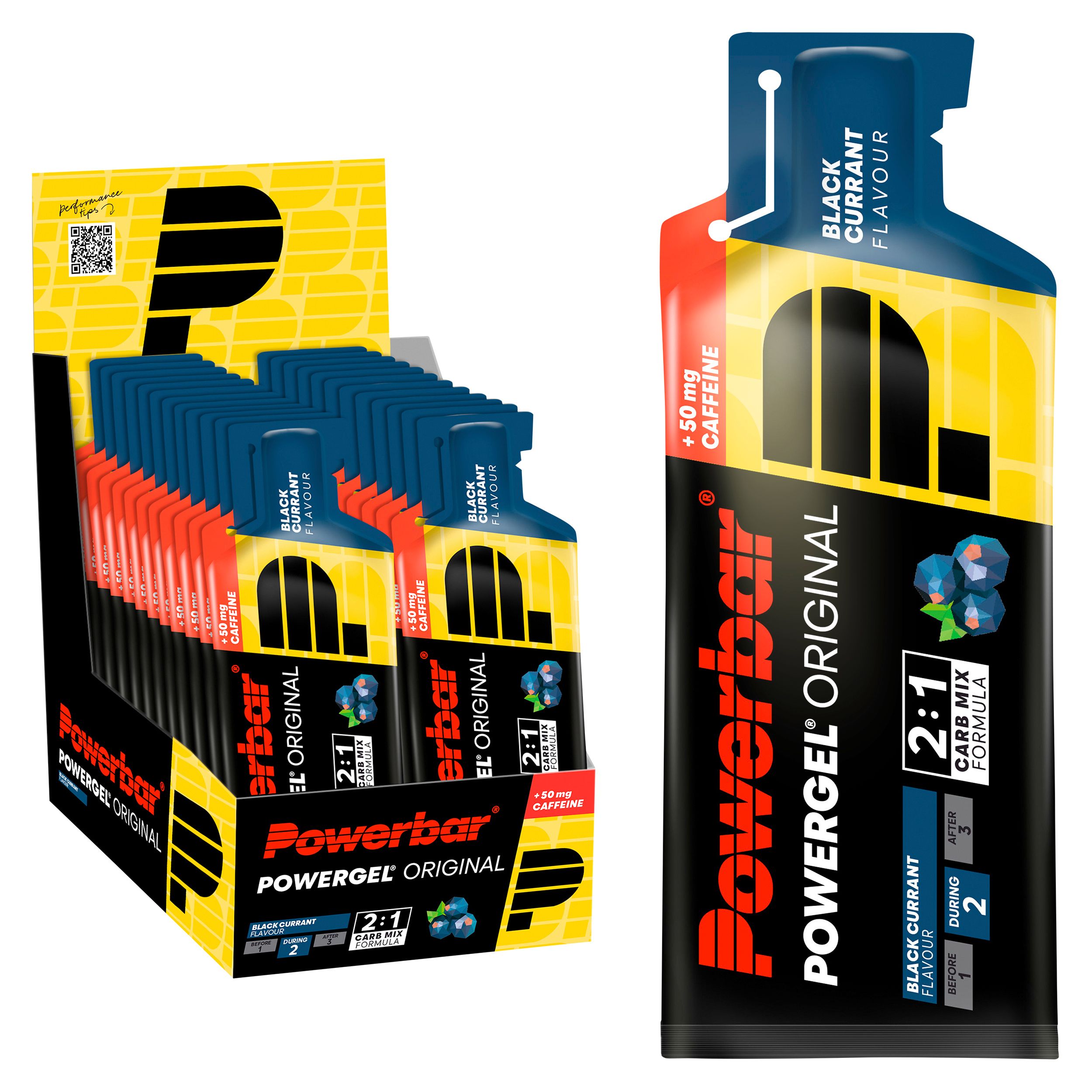 PowerBar PowerGel Original Black Currant. Gelpacks in einer Box und einzeln. Mit schwarzer Johannisbeere.