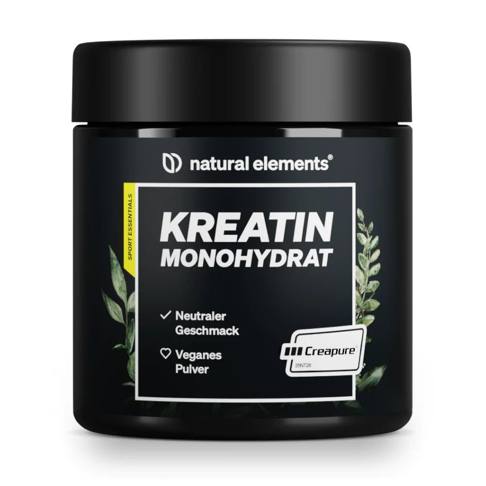 Schwarze Dose mit Deckel. Aufschrift: KREATIN MONOHYDRAT, natural elements. Enthält Creapure®. Vegan. Neutraler Geschmack. Pulver.