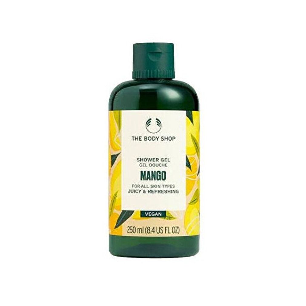 Körperpflegegel-Flasche. Grün und gelb, mit Mango-Motiv. Aufschrift: "The Body Shop", "Shower Gel", "Mango", "Vegan".