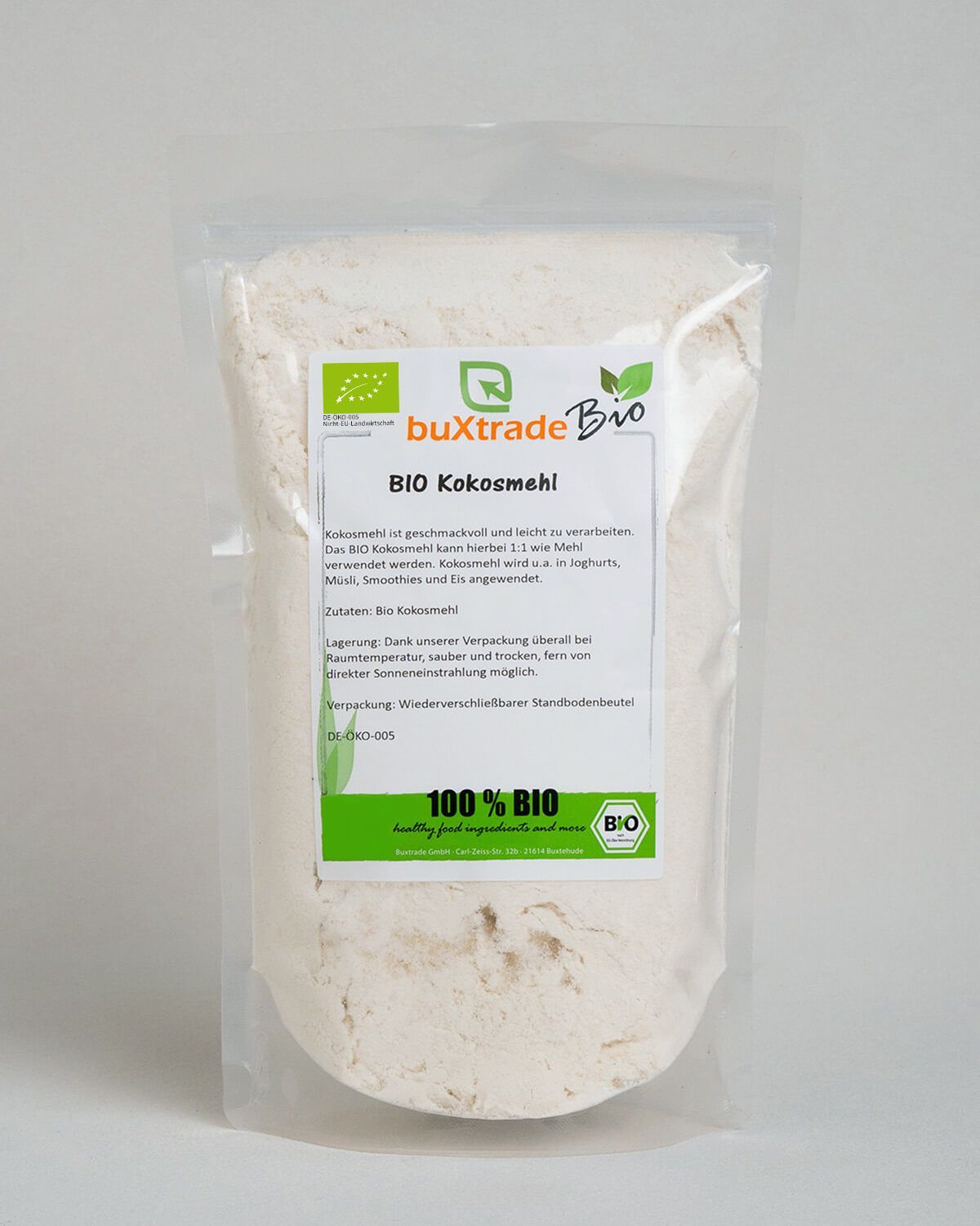 Verpackung mit buXtrade Bio Kokosmehl, 100% BIO Siegel.