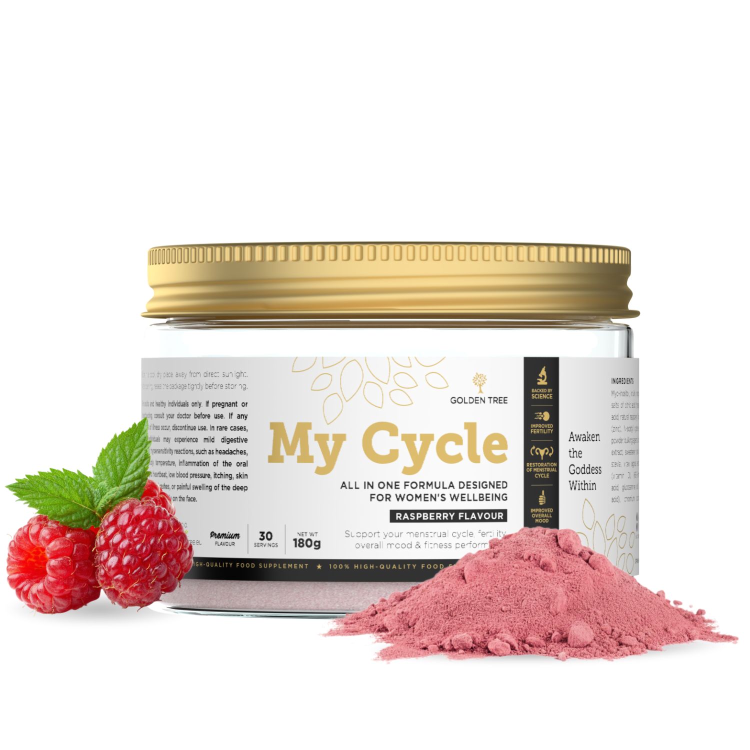 Golden Tree My Cycle Dose mit Himbeerpulver und frischen Himbeeren.