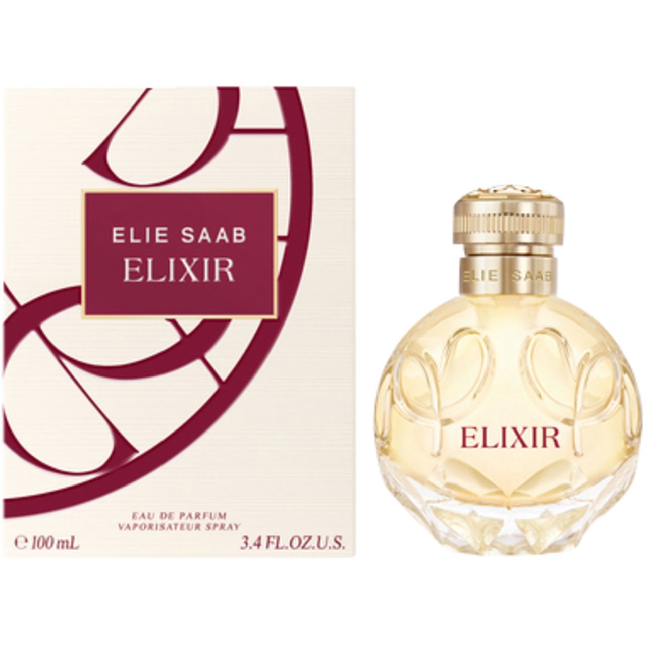 Flakon und Verpackung. Flakon rund, goldfarbener Deckel, Aufschrift "ELIXIR". Verpackung mit Logo und Schriftzug "ELIE SAAB ELIXIR".