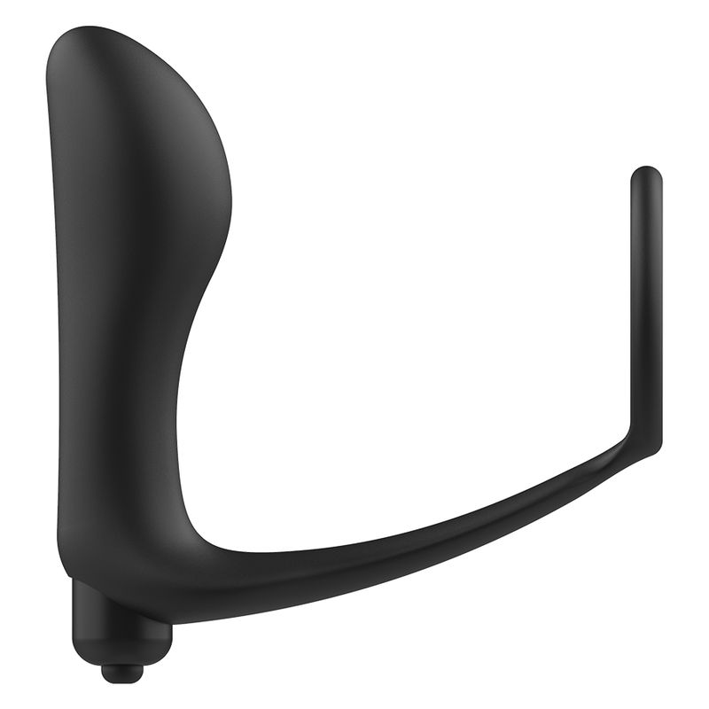 Schwarzer Analvibrator mit Penisring. Gebogene Form mit Ring. Auf weißem Hintergrund.