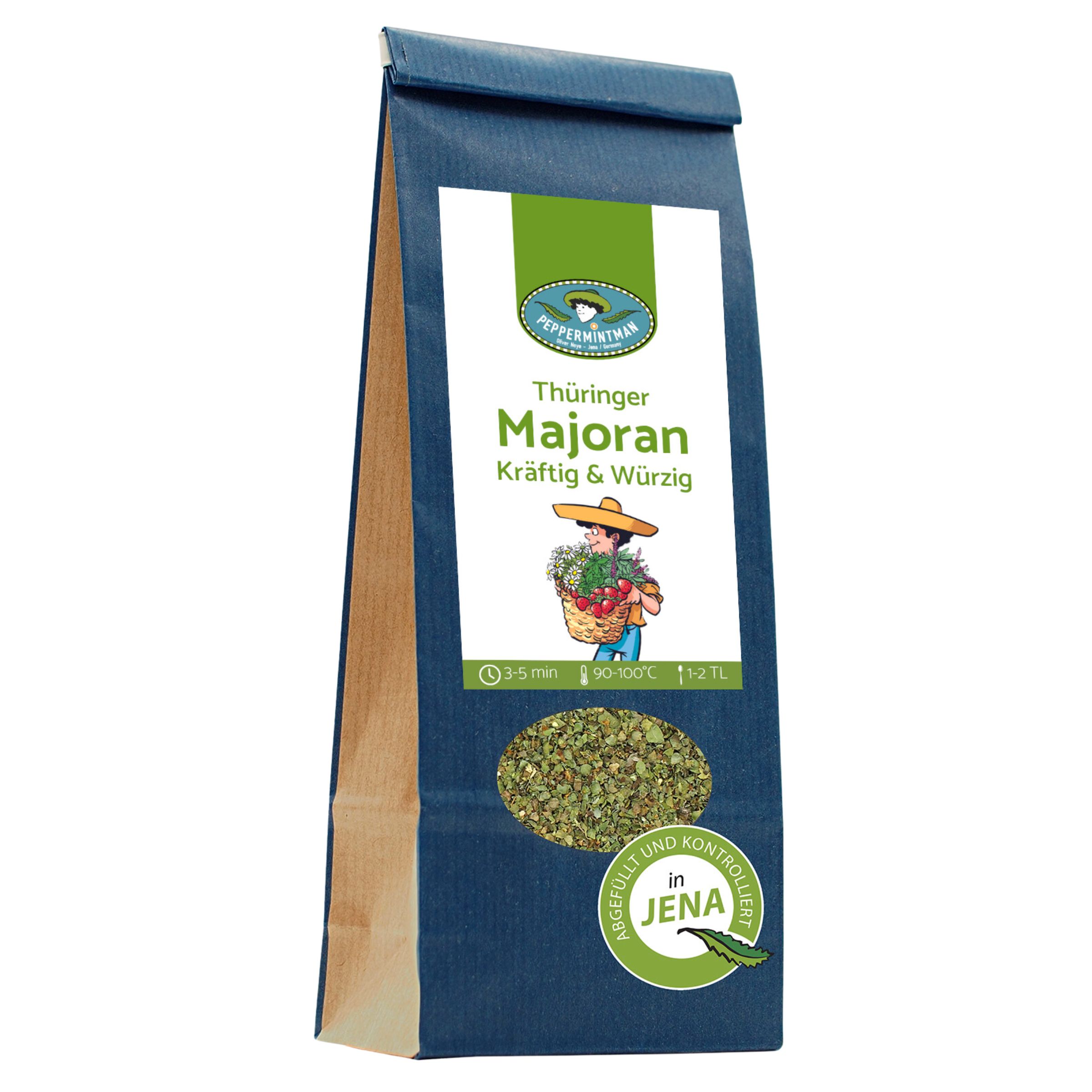 Blauer Beutel mit "PEPPERMINTMAN Thüringer Majoran". Sichtfenster mit Kräutern. Aufschrift "in JENA".