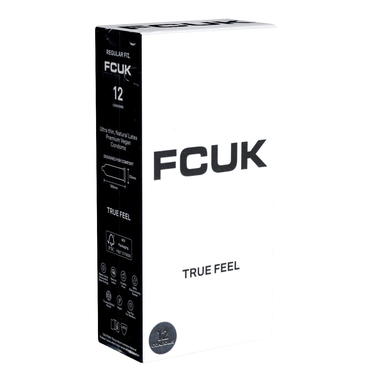 Weiße Verpackung mit schwarzem FCUK-Logo und Schriftzug "TRUE FEEL". Enthält 12 Kondome. Angaben zu Material und Größe.