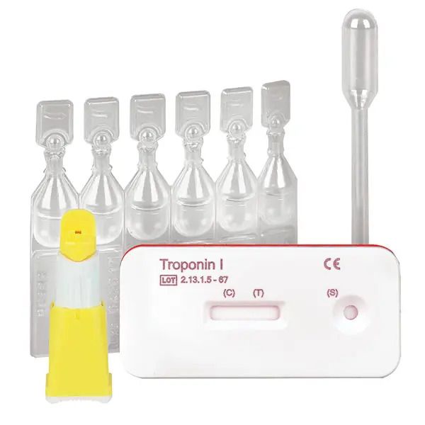 Troponin I Schnelltest mit Zubehör: Tropfer, Lanzette, Testkassetten und Probenbehälter. CE-Kennzeichnung.