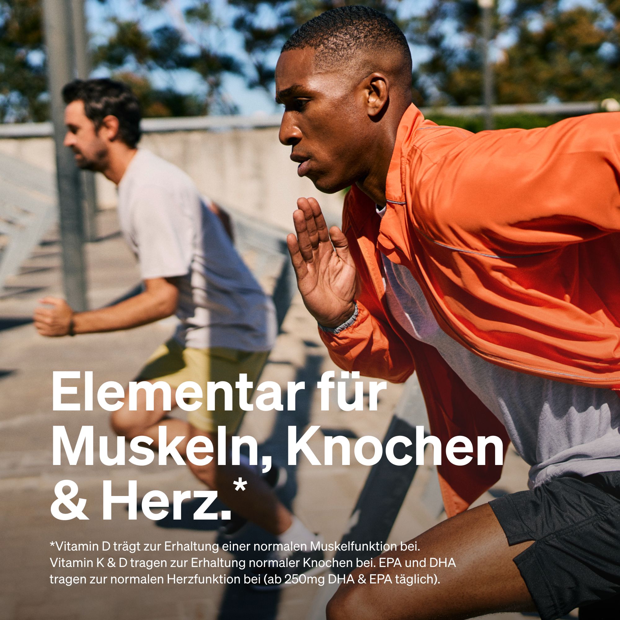 Zwei Männer rennen. Text: Elementar für Muskeln, Knochen & Herz. Vitamin D trägt zur normalen Muskelfunktion bei.