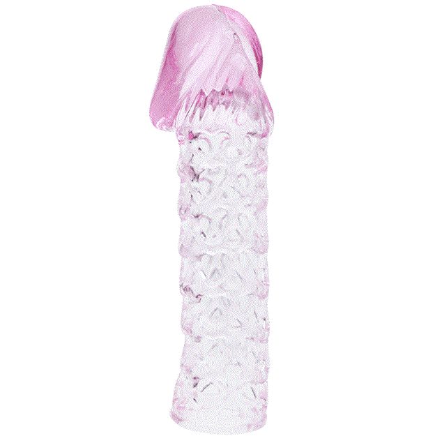 Penis-Extender-Cover. Transparentes Material mit rosa Spitze. Geriffelte Oberfläche.