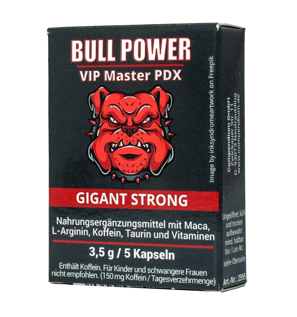 Schwarze Verpackung mit rotem Bullenkopf-Logo, "Bull Power Gigant Strong" Aufschrift, enthält 5 Kapseln.
