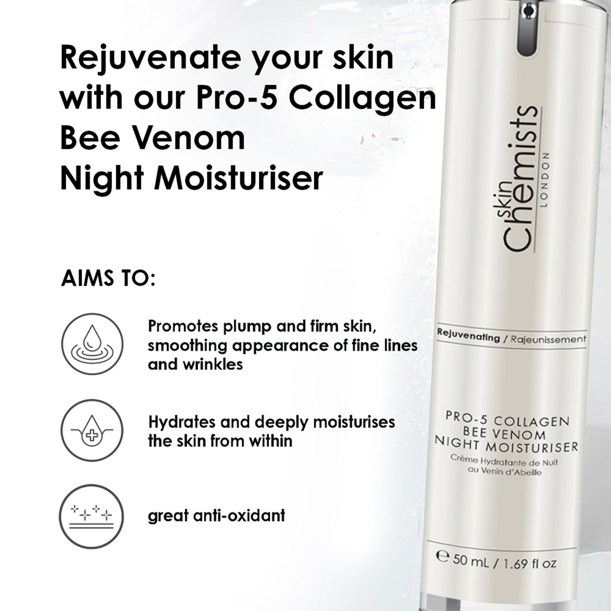 Creme-Flasche mit Text. Aufschrift: Skin Chemists London, Pro-5 Collagen Bee Venom Night Moisturiser. 50 ml. Text über Vorteile.