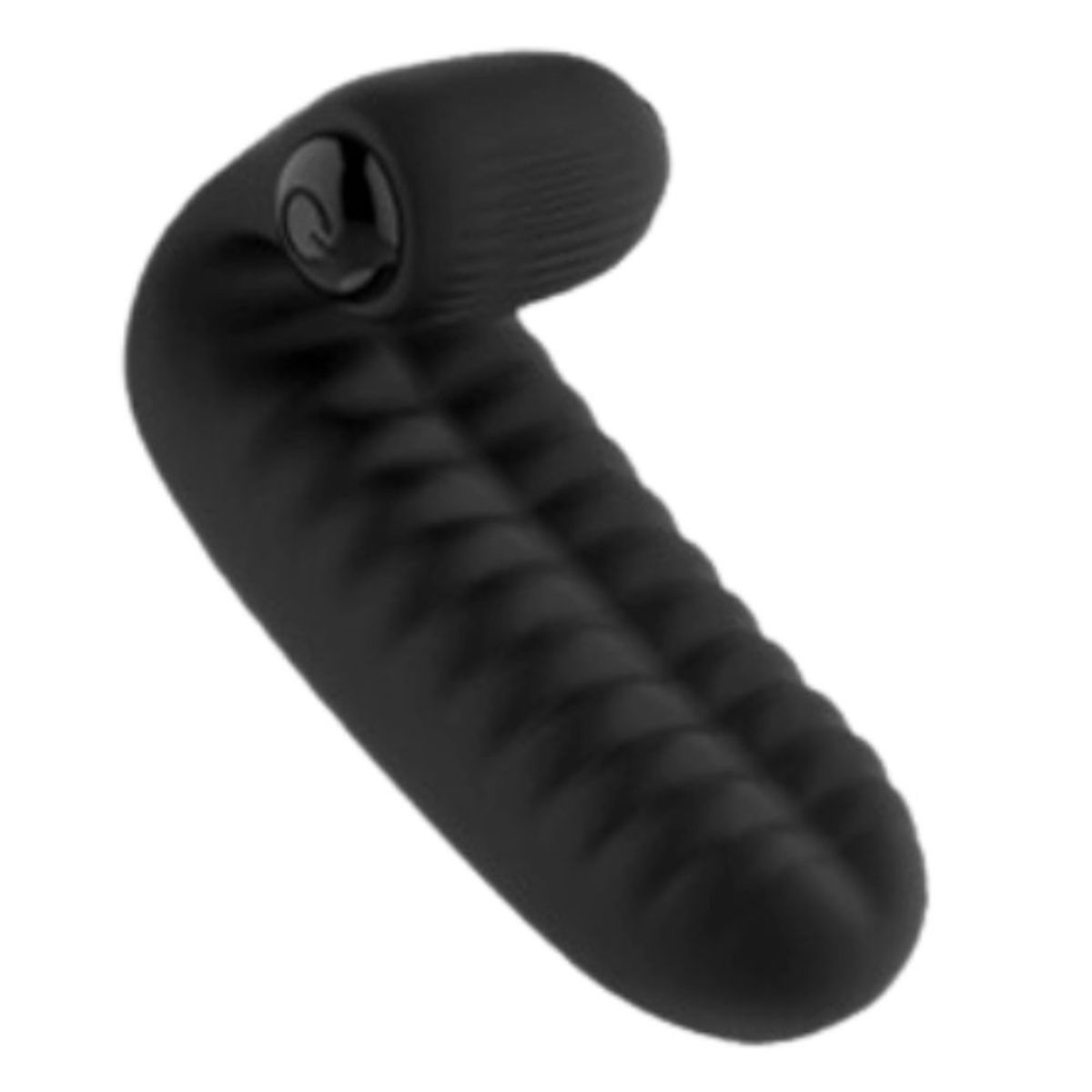 Schwarzer Fingerhandschuh-Vibrator mit geriffelter Oberfläche und Bedienknopf.
