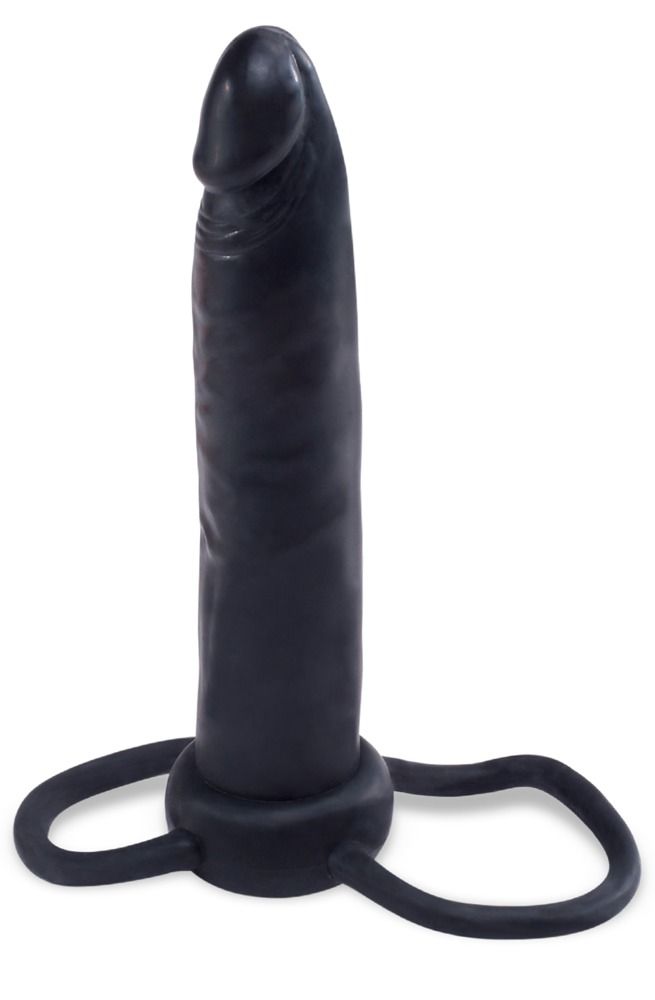 Schwarzer Dildo mit Ring. Der Dildo hat eine längliche Form mit einer abgerundeten Spitze. Der Ring ist am unteren Ende befestigt.