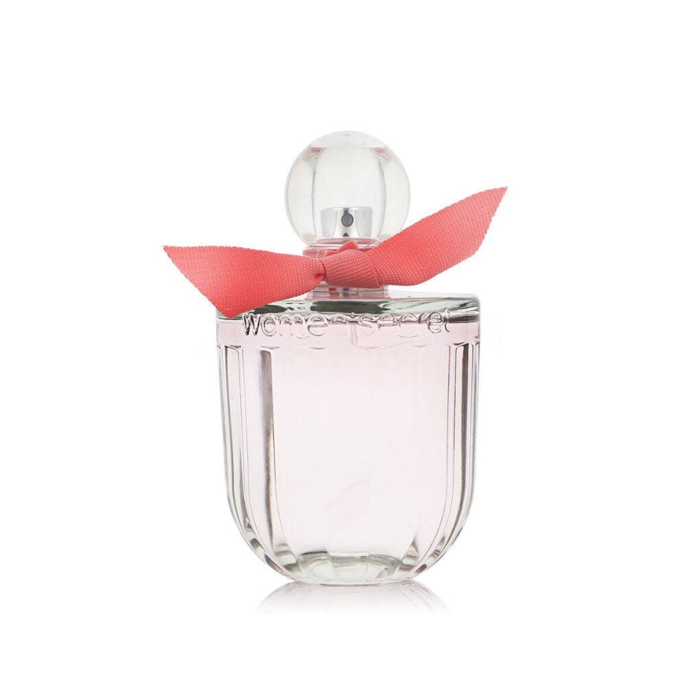 Glasflakon mit rosa Schleife. Der Flakon hat einen runden Deckel und einen geriffelten Körper. Auf dem Deckel steht "women secret".
