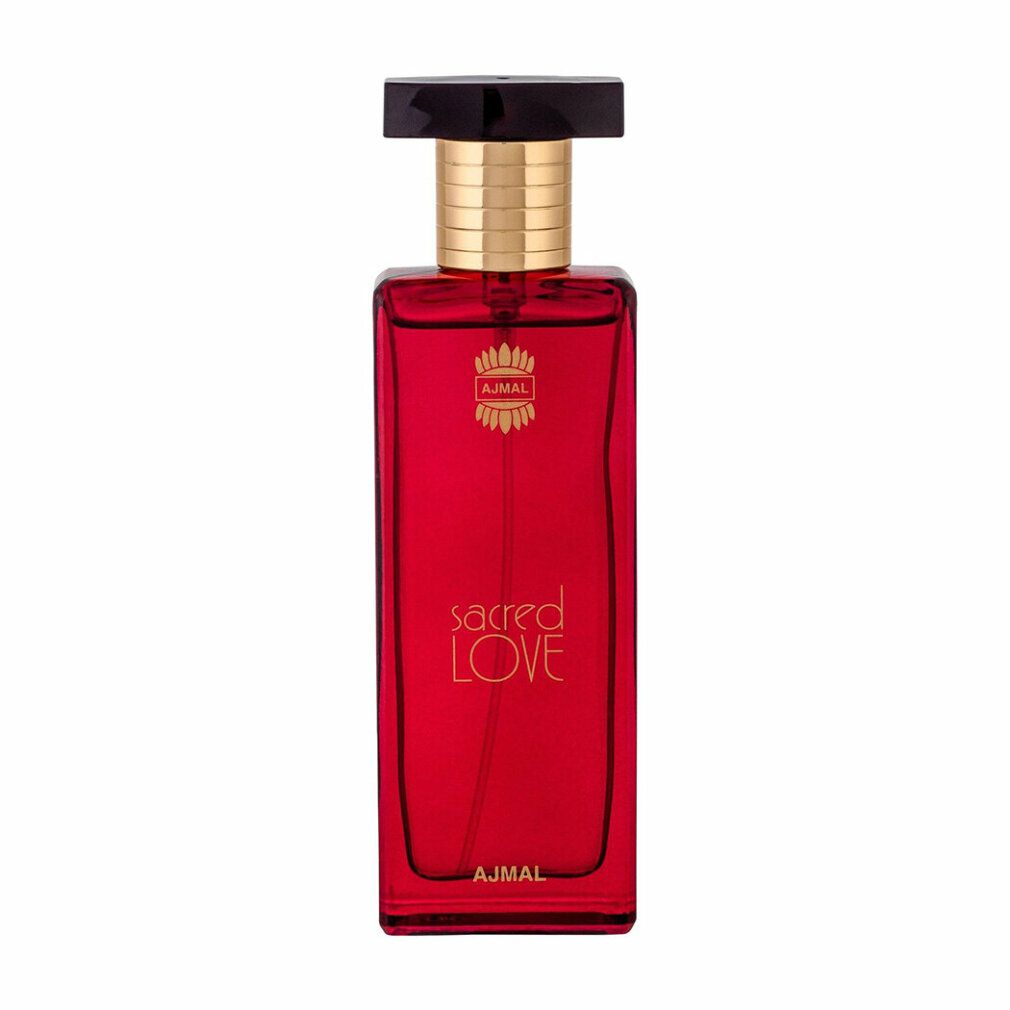 Rote, rechteckige Flasche mit schwarzem Deckel und goldener Kappe. Aufschrift "sacred LOVE" und "AJMAL".