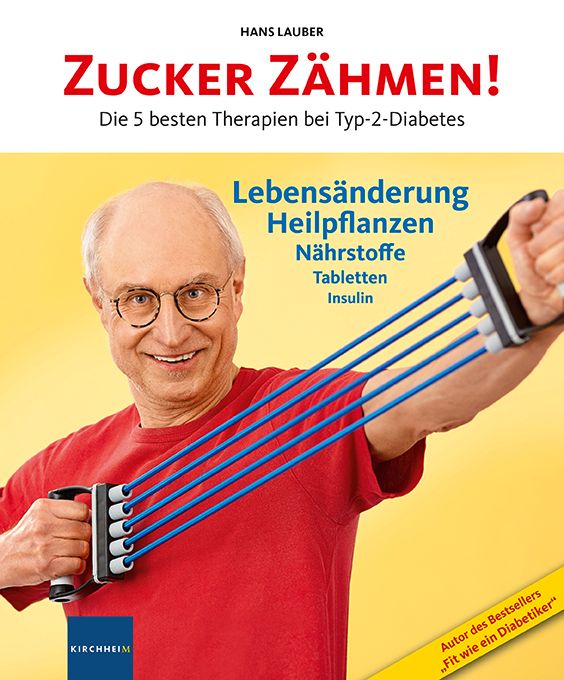 Buchcover: „Zucker Zähmen!“. Titel, Autor, Untertitel. Mann mit Brille und rotem Shirt, hält Trainingsgerät.