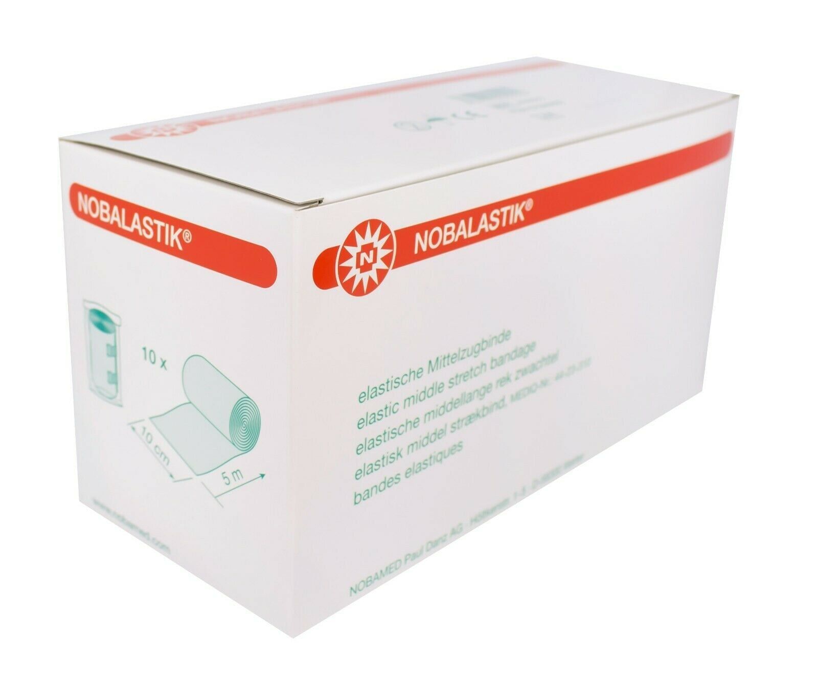 Weiße Verpackung mit roter Linie und Schriftzug NOBALASTIK. Illustration einer Rolle Verband, Maße 5 m x 10 cm. 10 Stück.