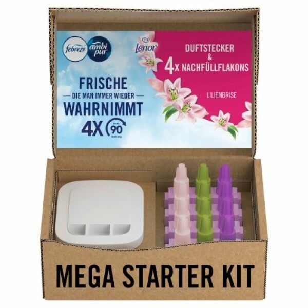 Mega Starter Kit in Karton. Enthält Duftstecker, Nachfüllflakons und Text: Frische, die man immer wieder wahrnimmt.