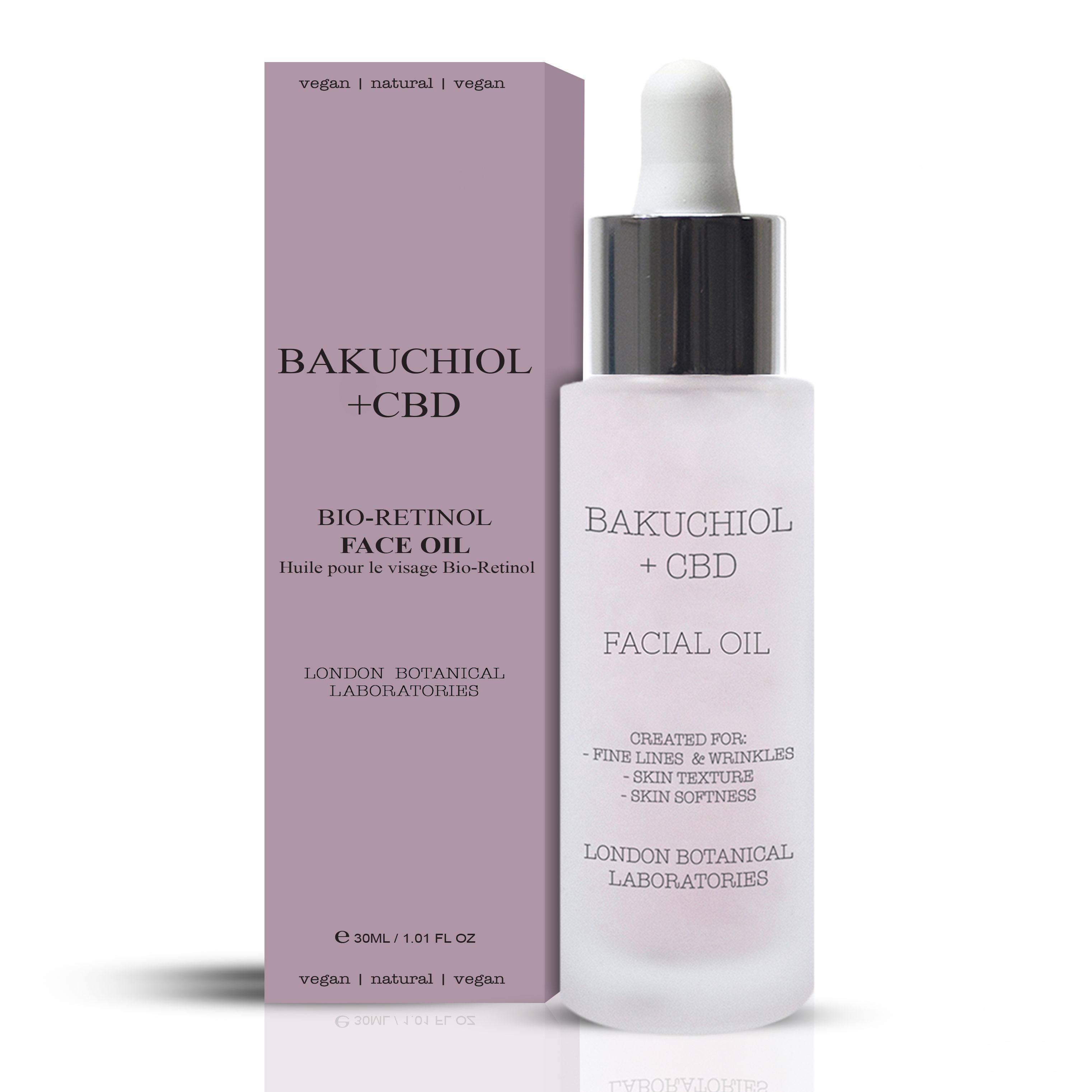 Gesichtsöl-Flasche und Verpackung. Aufschrift: Bakuchiol + CBD, Bio-Retinol Face Oil. Mit Pipette. Verpackung in Lila mit Logo.
