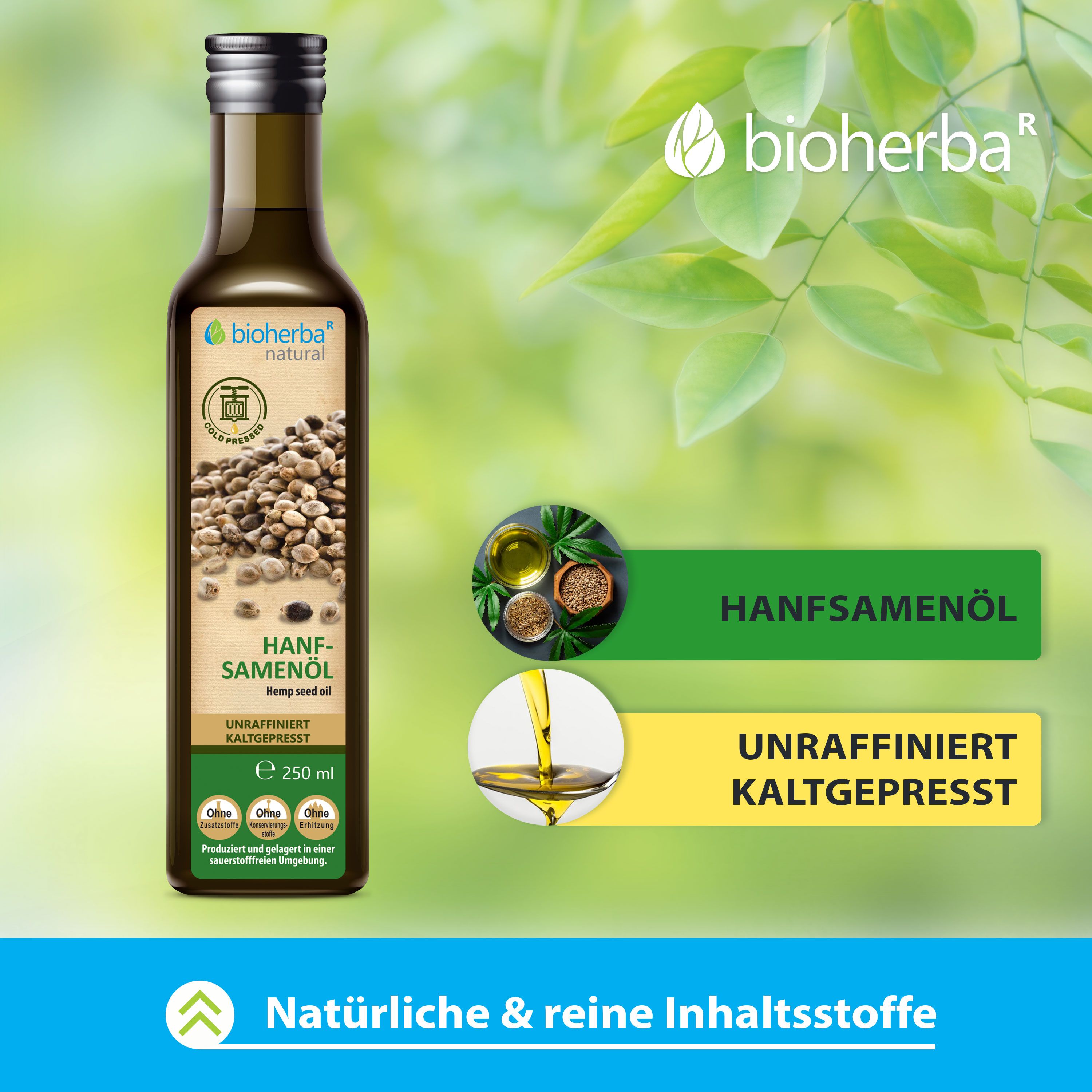 Hanfsamenöl-Flasche. Text: Hanfsamenöl, kaltgepresst, 250 ml. Logo: Bioherba natural. Grafiken: Öl und Samen. Text: Natürliche & reine Inhaltsstoffe.