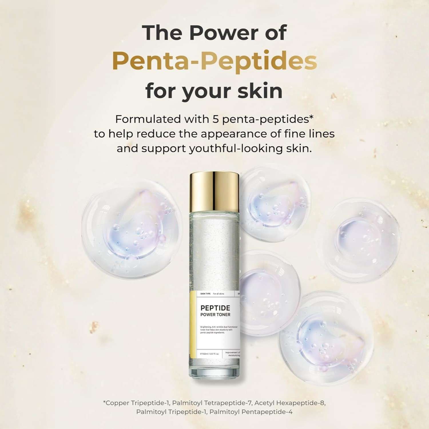 BOM Peptide Power Toner mit 5 Penta-Peptiden für jugendlich aussehende Haut.