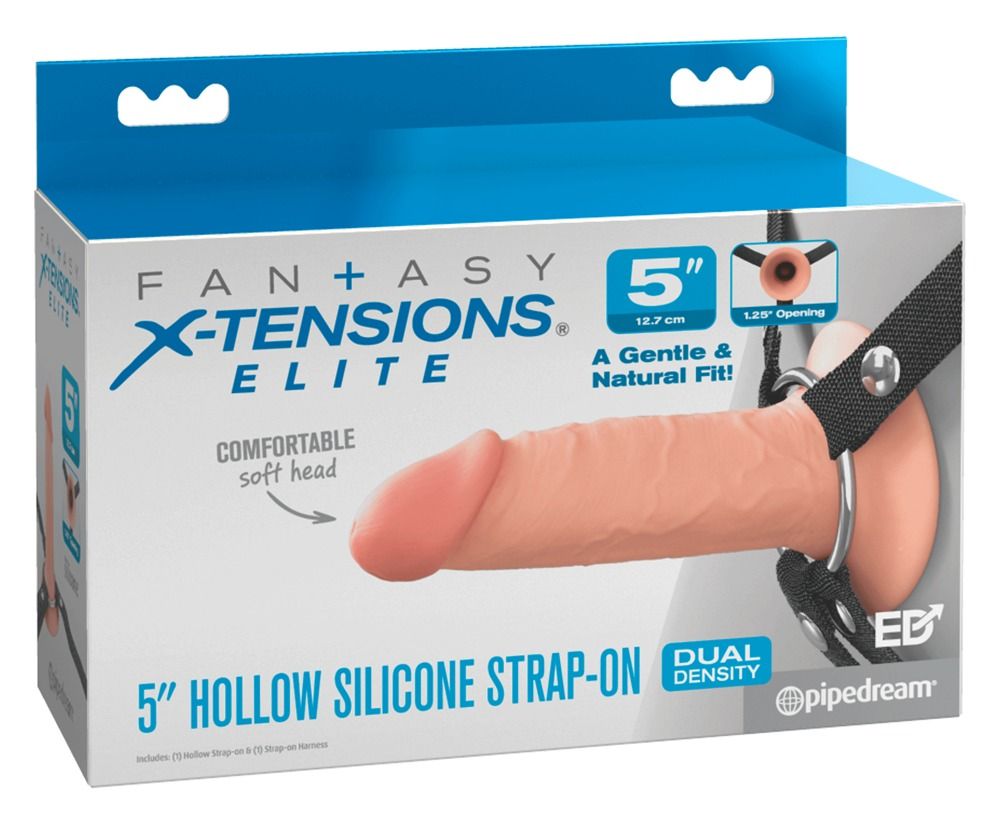 Verpackung von Fantasy X-Tensions Elite. Produkt mit Dildo und Strap-on. Text: 5" Hollow Silicone Strap-on.