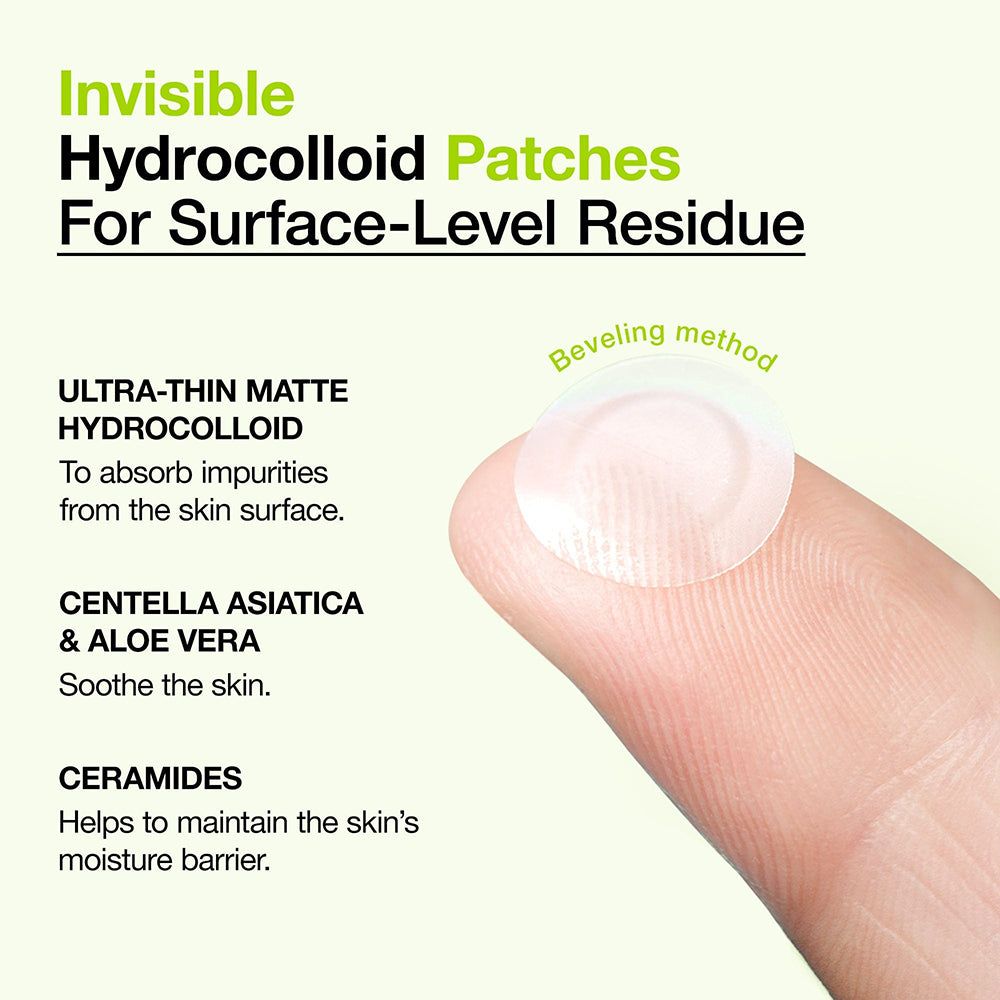 Finger mit transparentem Pflaster. Text: Ultra-Thin Hydrocolloid, Centella Asiatica & Aloe Vera, Ceramides. Pflaster.