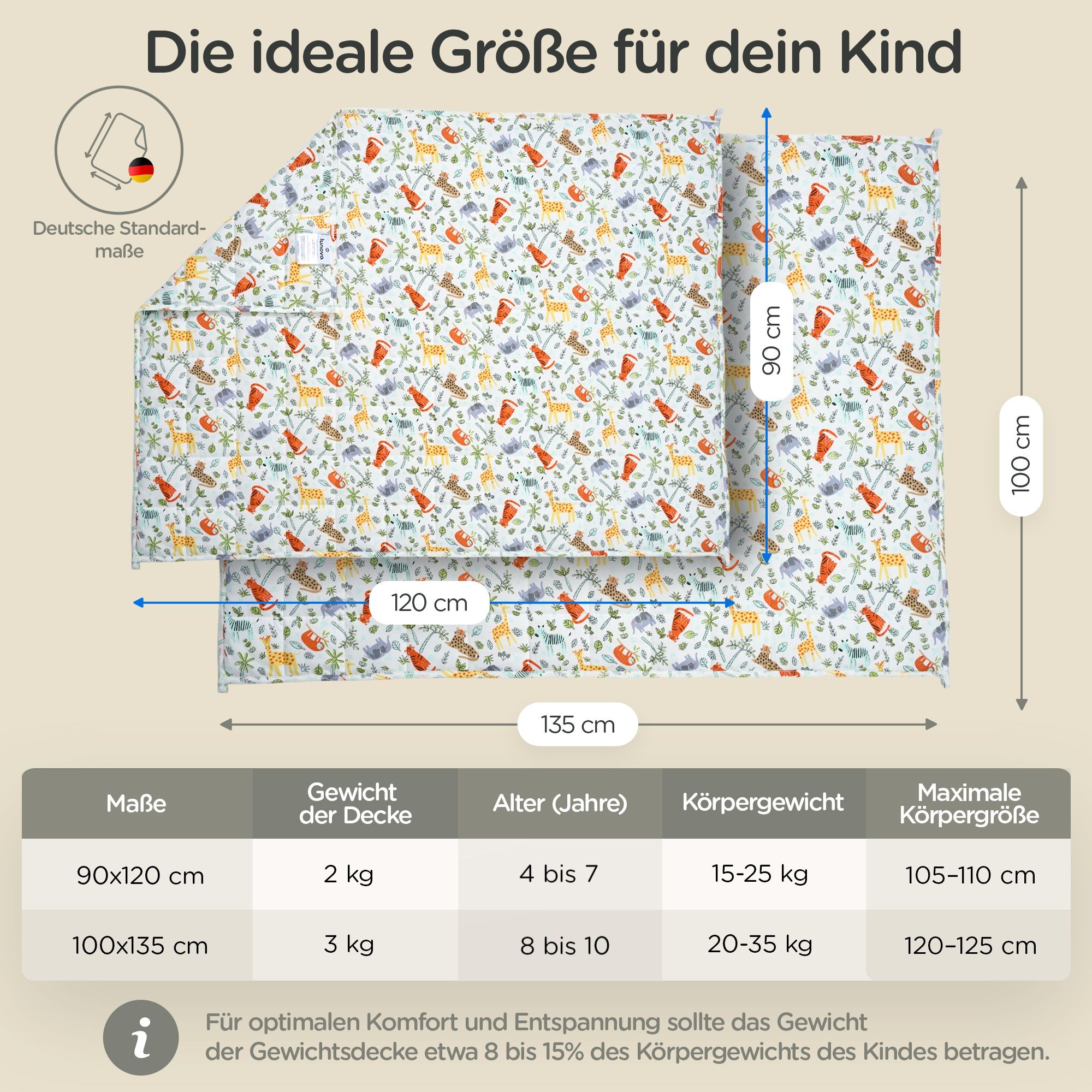 Decke mit Tiermuster. Maße: 90x120cm, 2kg, 4-7 Jahre, 15-25kg, 105-110cm. 100x135cm, 3kg, 8-10 Jahre, 20-35kg, 120-125cm.