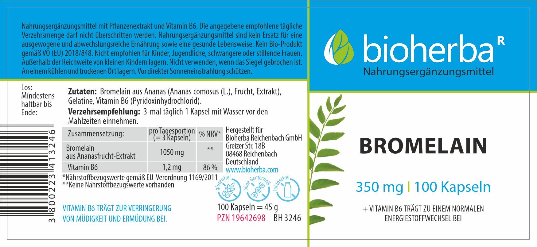 Etikett mit weißem Hintergrund, blauer Schrift und grünen Blättern. Text: Bromelain, 350 mg, 100 Kapseln. Marke: bioherba. Enthält Informationen zu Inhaltsstoffen.