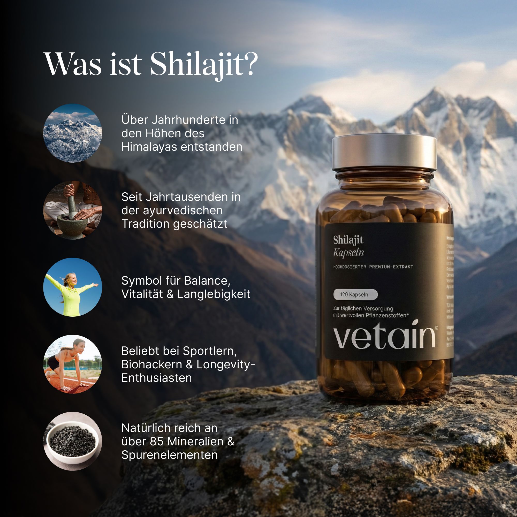 Vetain Shilajit Kapseln Flasche mit 120 Kapseln, auf Felsen vor Bergkulisse.