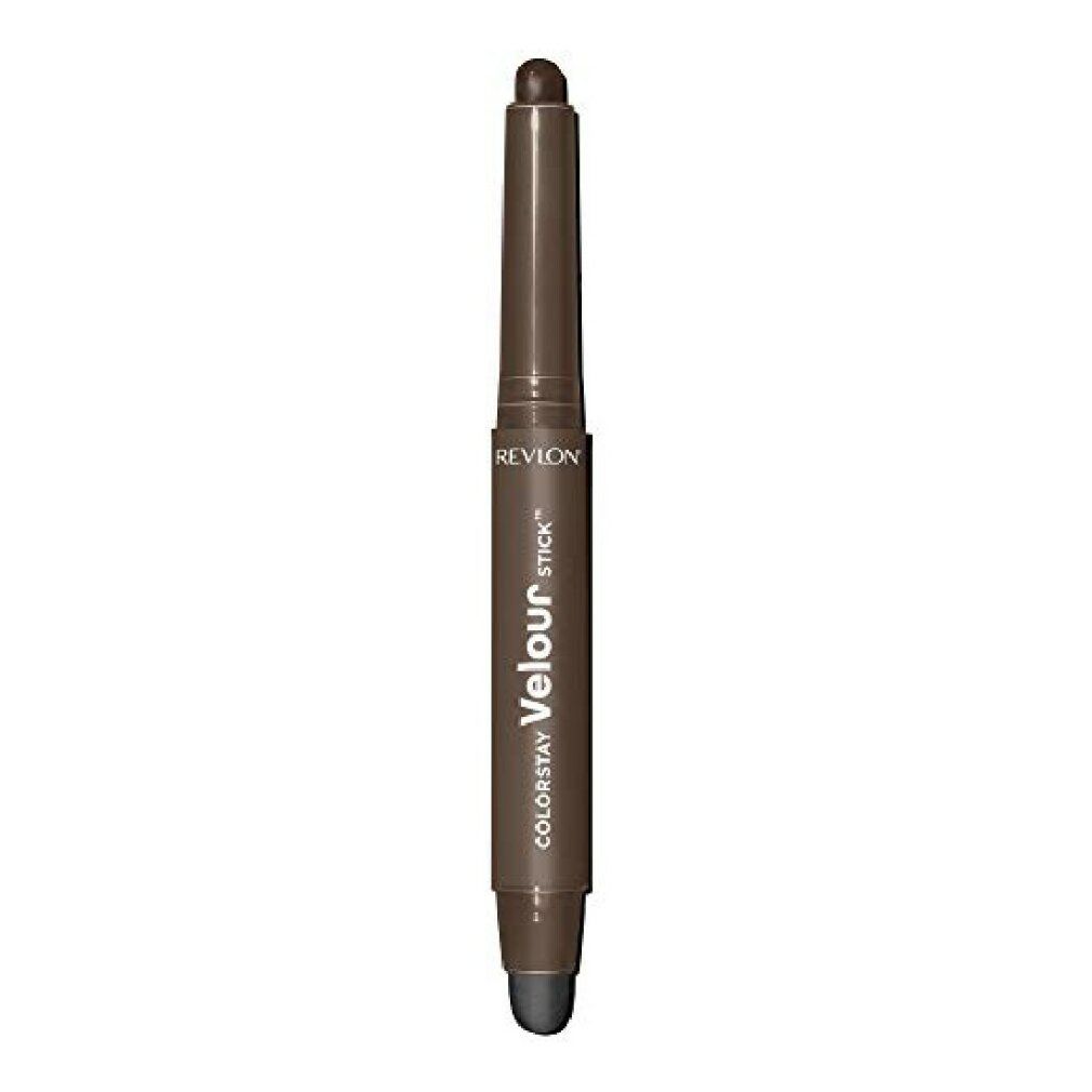 Brauner Revlon ColorStay Velour Stick Lidschatten Matt. Zylindrische Form, dunkle Farbe. Mit schwarzer Spitze. Revlon-Logo sichtbar.