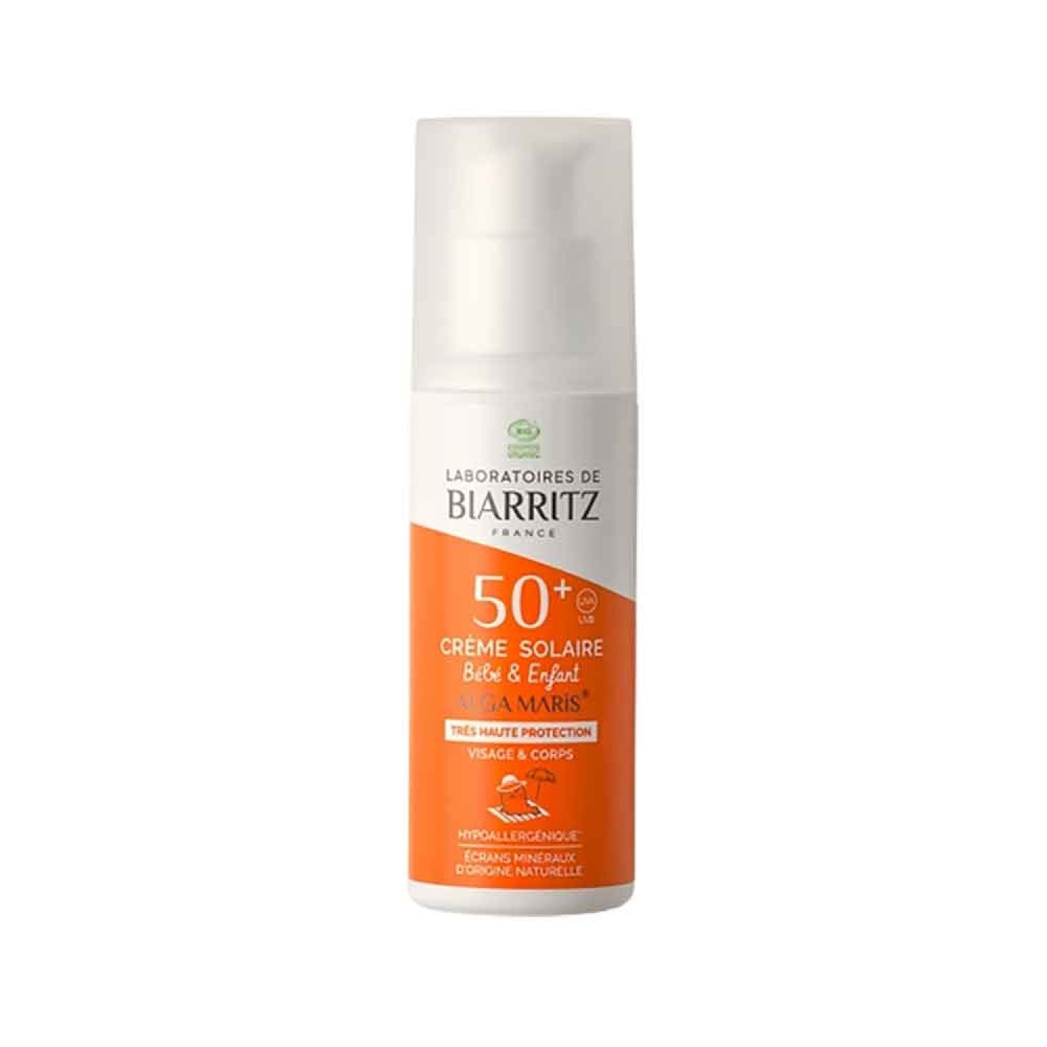Sonnencreme-Flasche mit weißem Deckel und orangefarbenem Etikett. Text: 50+, Crème Solaire, Bébé & Enfant, Laboratoires de Biarritz.