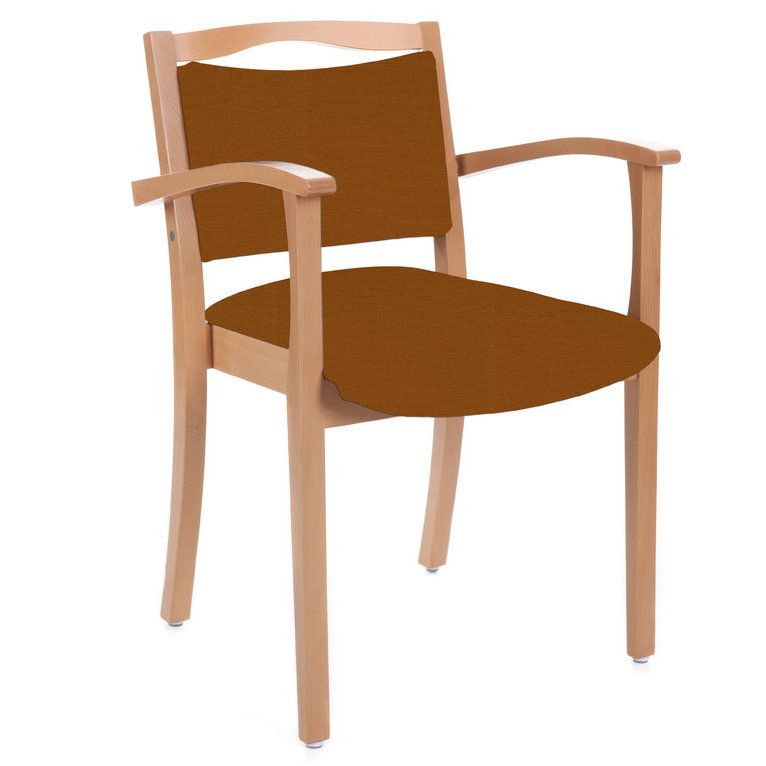 Stuhl mit Holzrahmen und Armlehnen. Gepolsterte Sitzfläche und Rückenlehne in Braun.