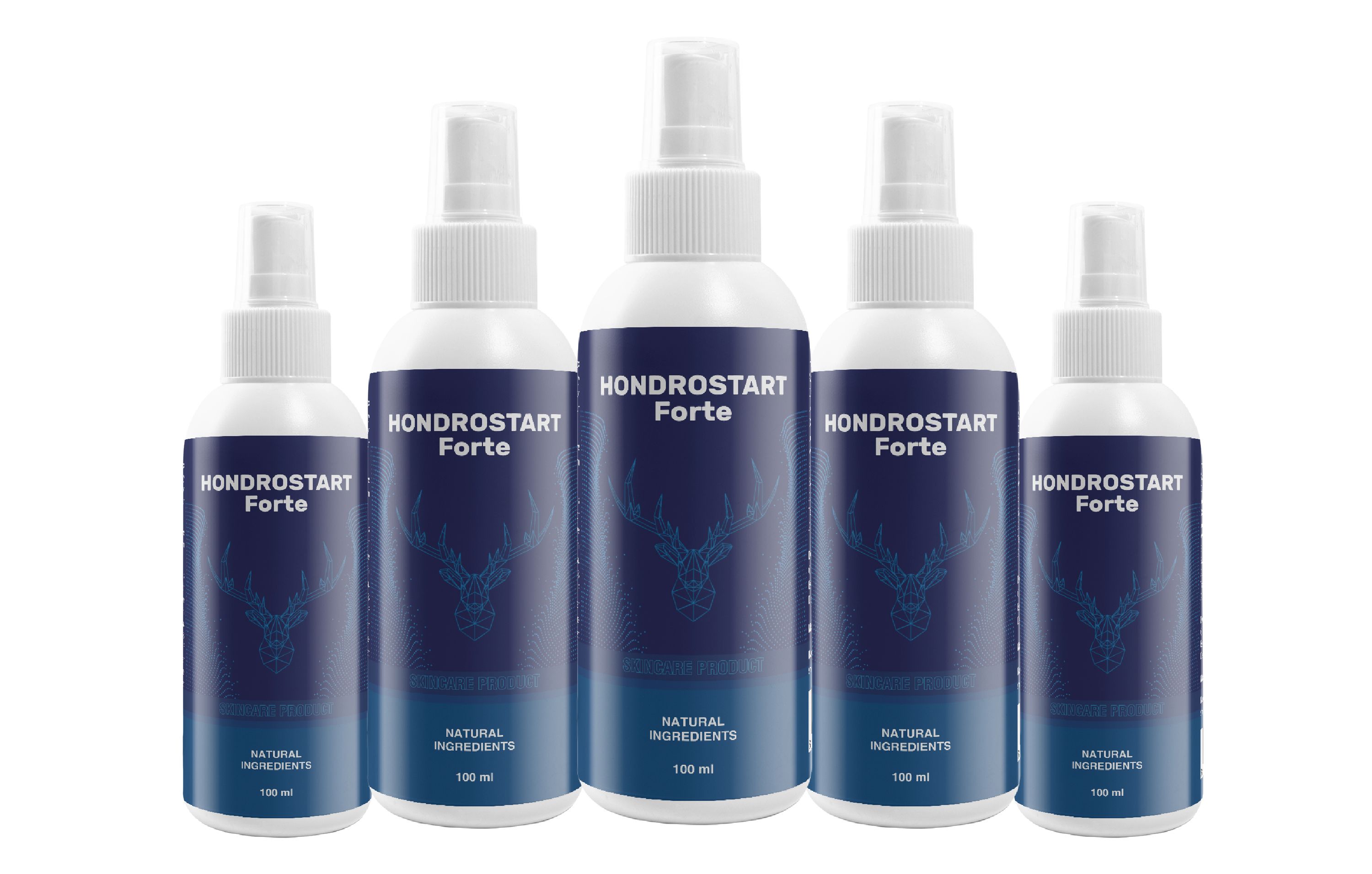 Fünf HONDROSTART Forte Sprühflaschen mit Hirschmotiv, 100 ml.