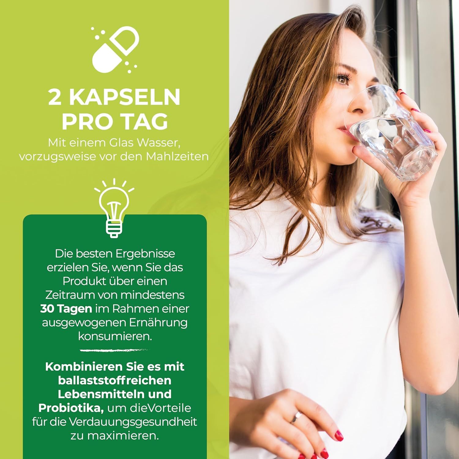 Frau trinkt Wasser, Einnahmeempfehlung: 2 Kapseln täglich vor den Mahlzeiten.