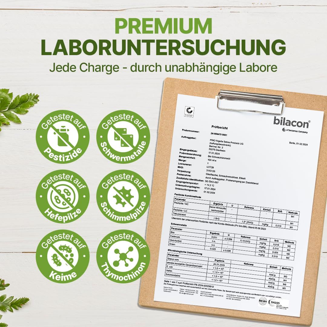 Klemmbrett mit Laboruntersuchung. Runde Siegel mit Text: Pestizide, Schwermetalle, Hefepilze, Schimmelpilze, Keime, Thymochinon.