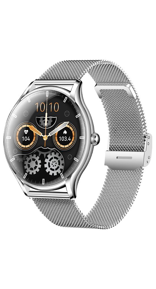 Silberne Smartwatch mit Milanaise-Armband und rundem Zifferblatt, das Herzfrequenz und Schritte anzeigt.