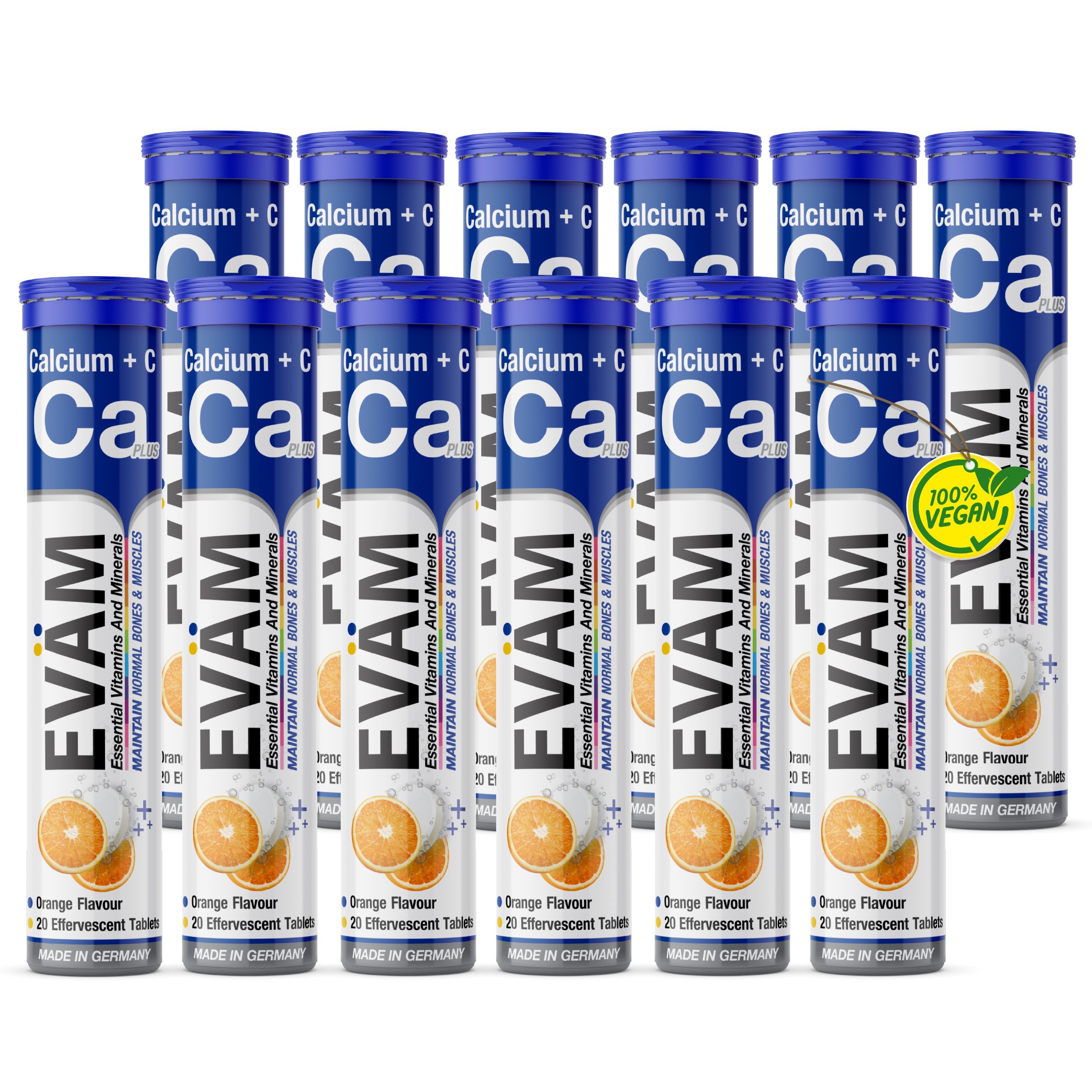 Mehrere Tuben EVÄM Calcium + Vitamin C. Blaue Deckel, weiße Röhren mit Produktinformationen und Orangen-Abbildung. 100% vegan.