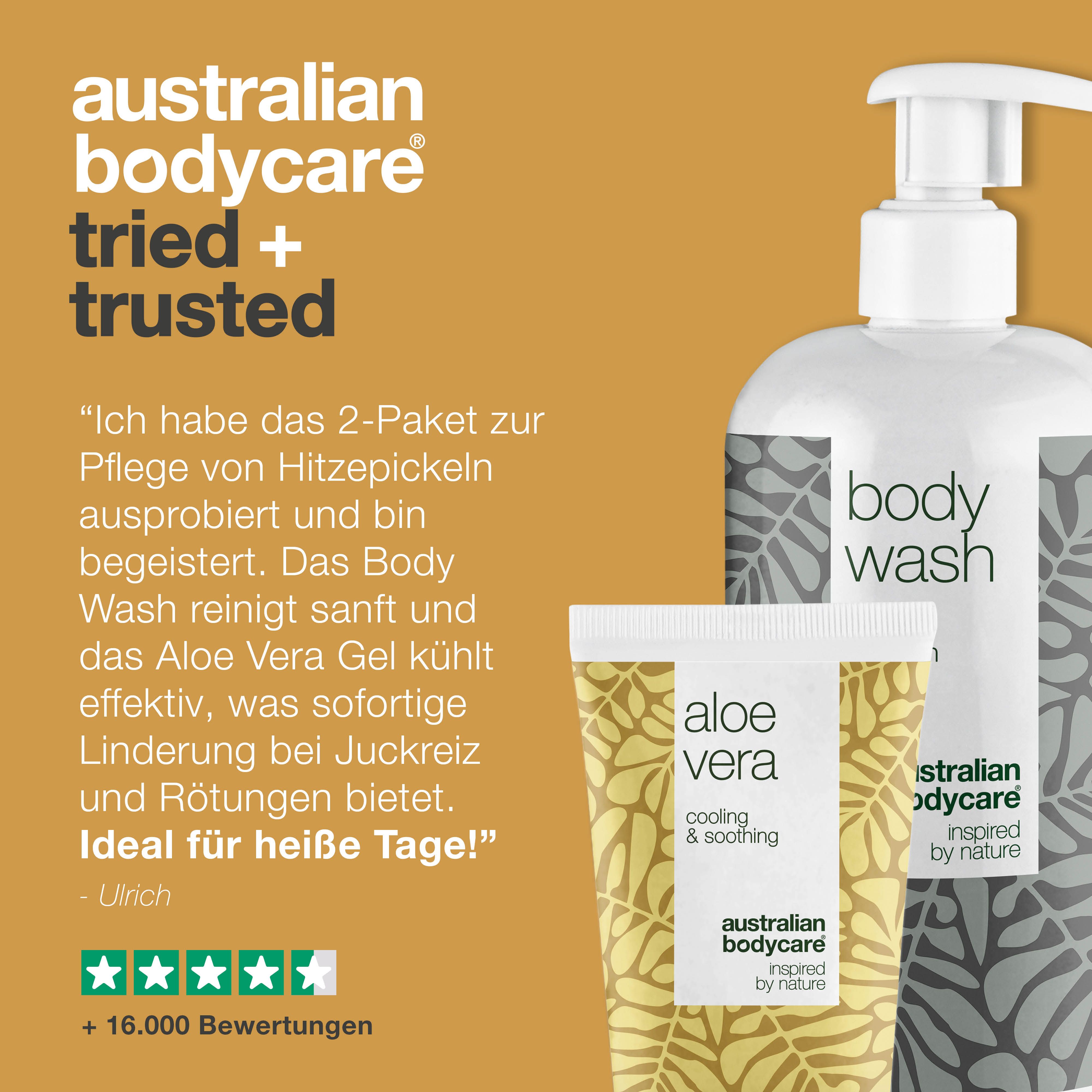 Produktabbildung: Body Wash und Aloe Vera Gel. Zitat und Bewertungen. Gelber Hintergrund.