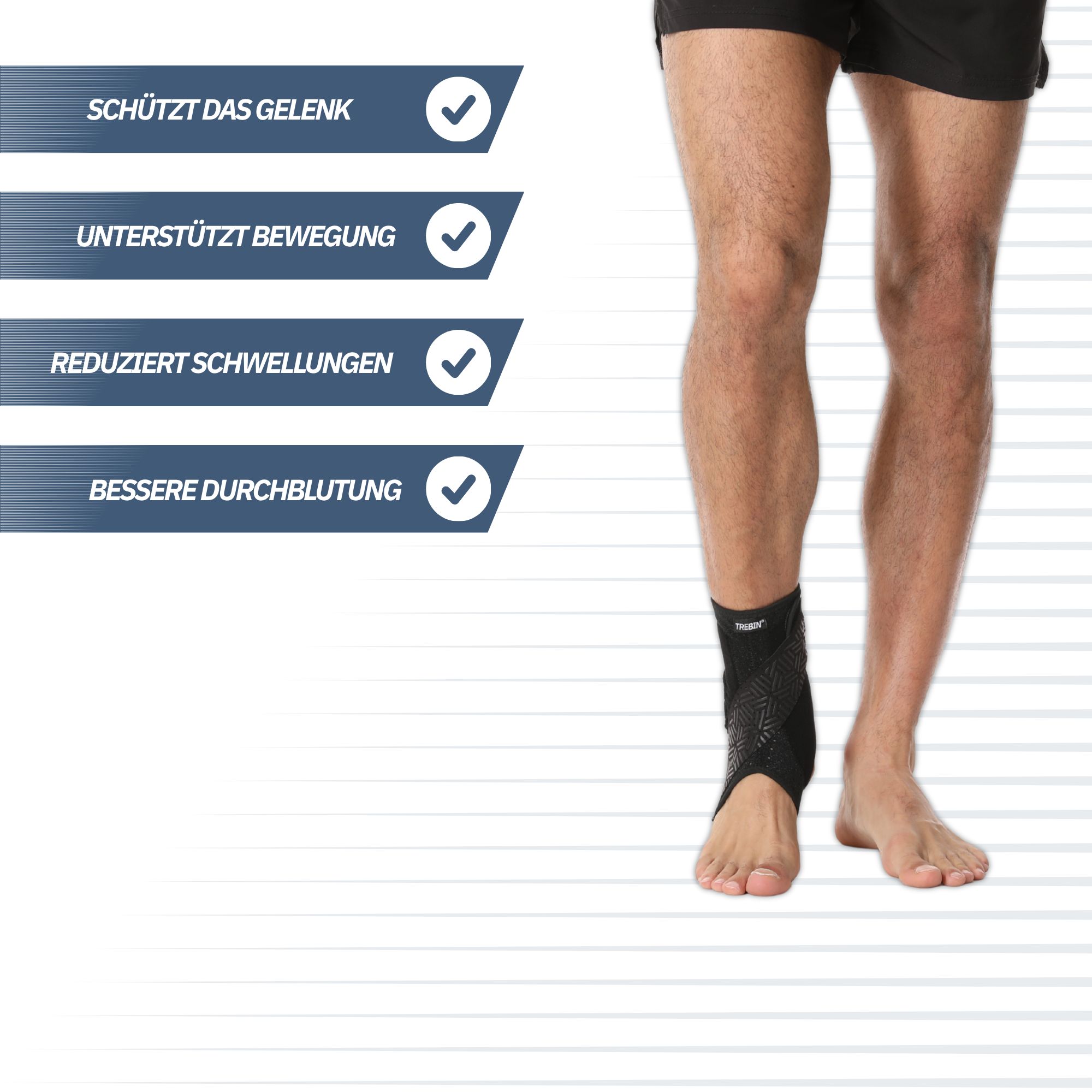 Schwarze Knöchelbandage schützt das Gelenk, unterstützt Bewegung, reduziert Schwellungen.