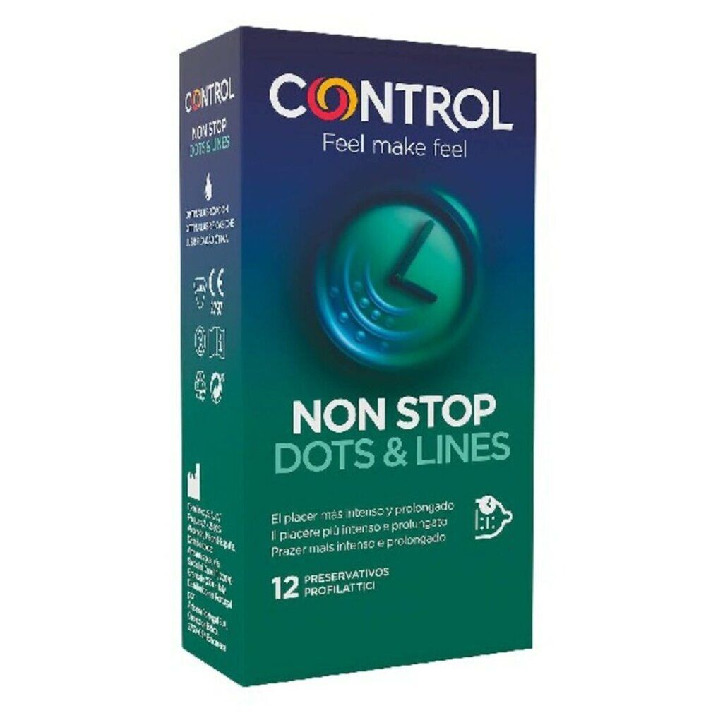 Verpackung von Control Non Stop Dots & Lines. 12 Kondome. Grün-blaue Schachtel mit Produktnamen und Logo.