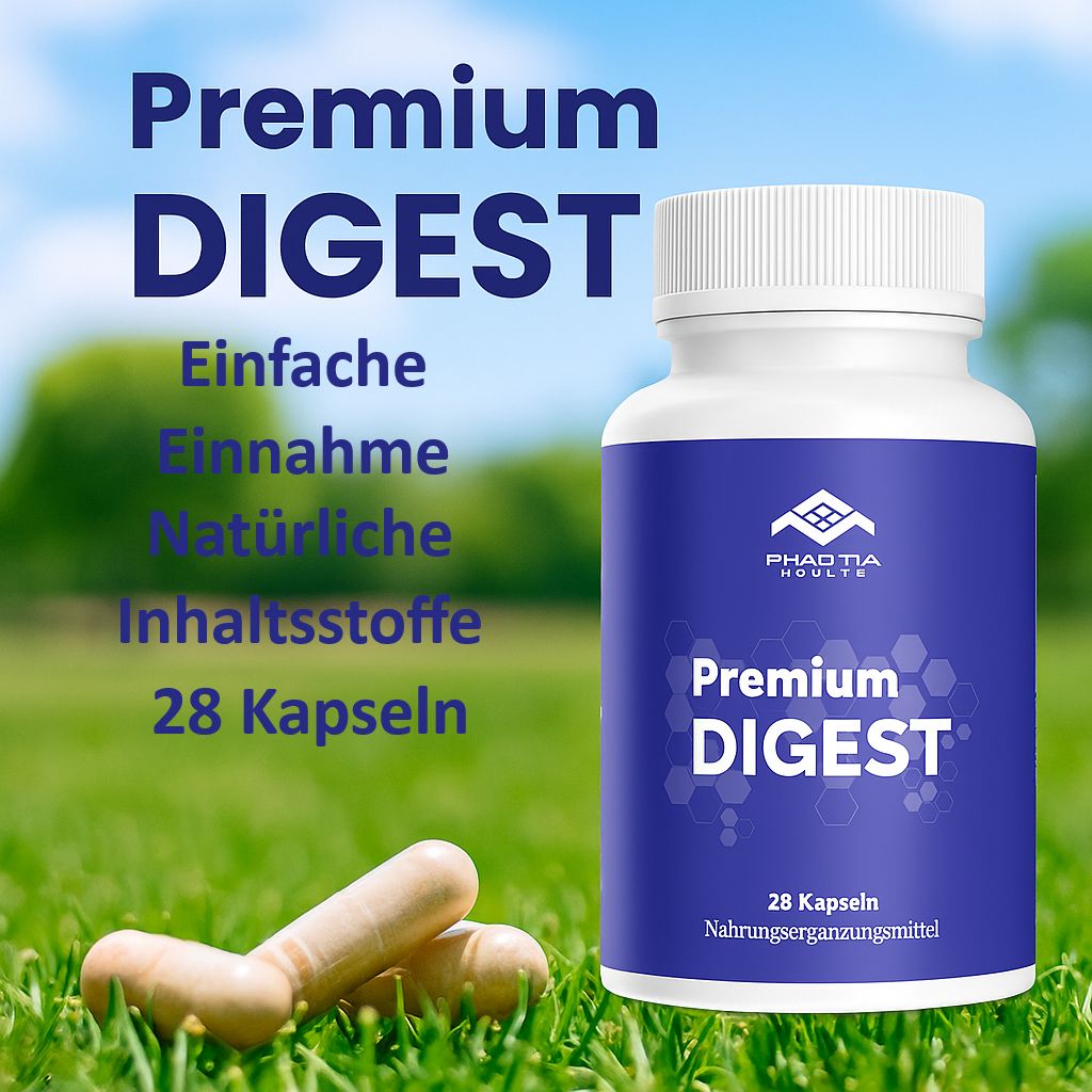 Flasche mit blauem Etikett und Kapseln auf Gras. Aufschrift: Pharma Health, Premium DIGEST, 28 Kapseln. Text: Einfache Einnahme, natürliche Inhaltsstoffe.