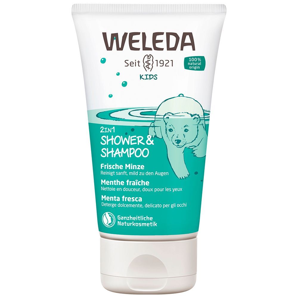 Weleda Kids 2in1 Shower & Shampoo Tube. Eisbär-Illustration. Text: Frische Minze, 2in1, Naturkosmetik.
