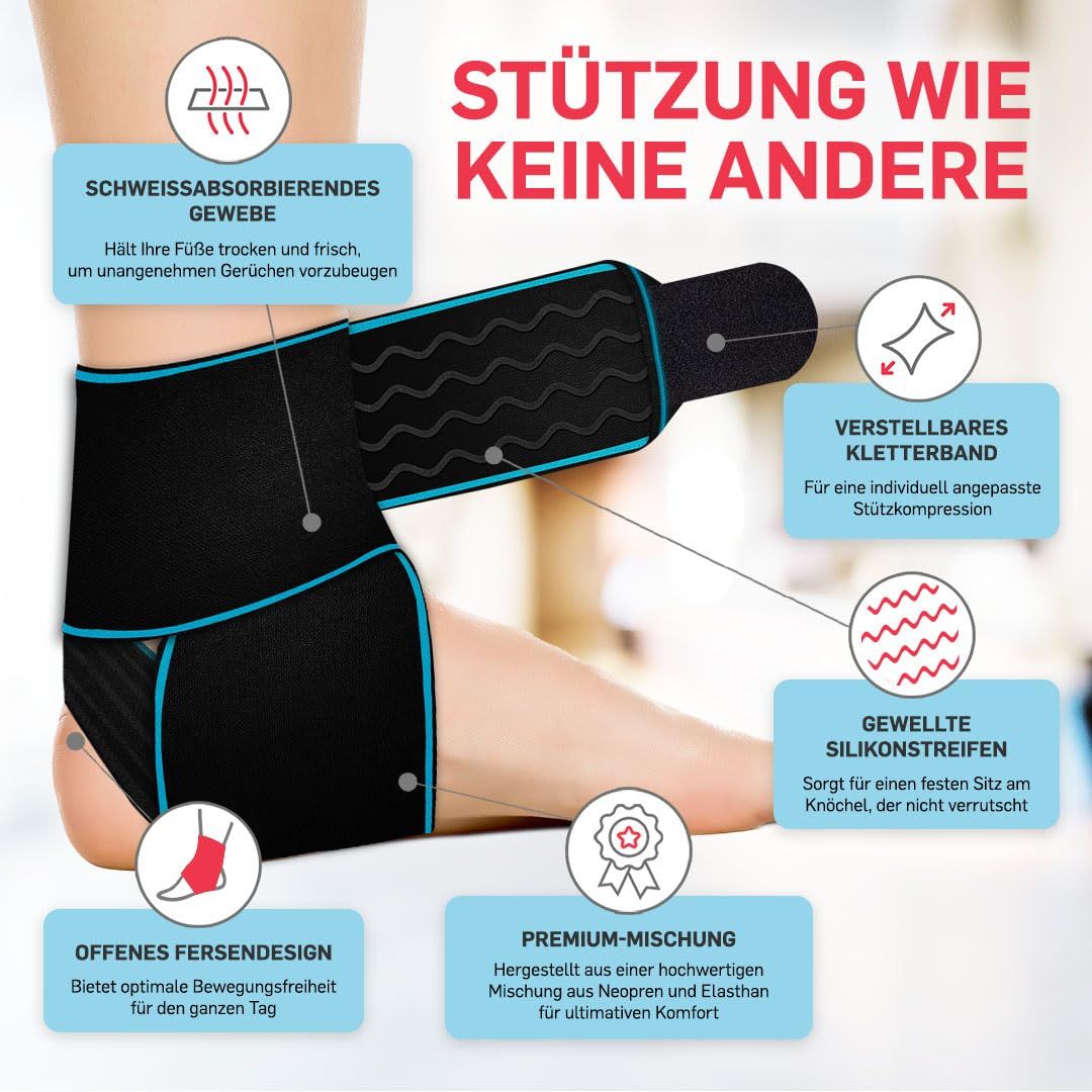 Schwarze Knöchelbandage mit Klettverschluss, Silikonstreifen und offenem Fersenbereich.