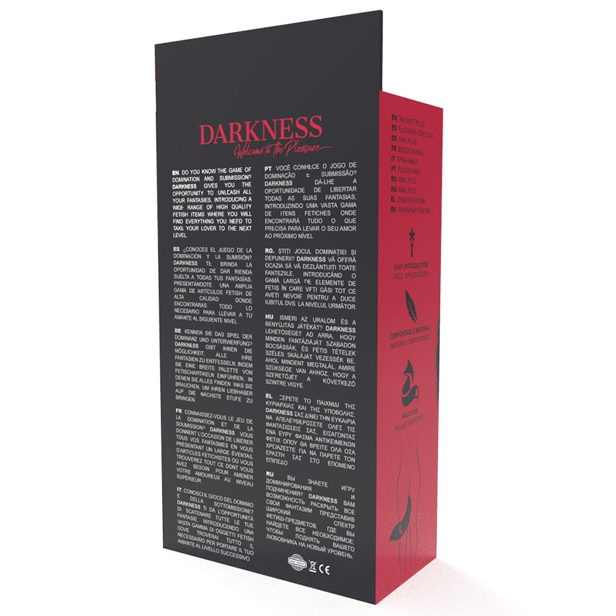 Verpackung mit Text und Illustrationen. Marke: DARKNESS.