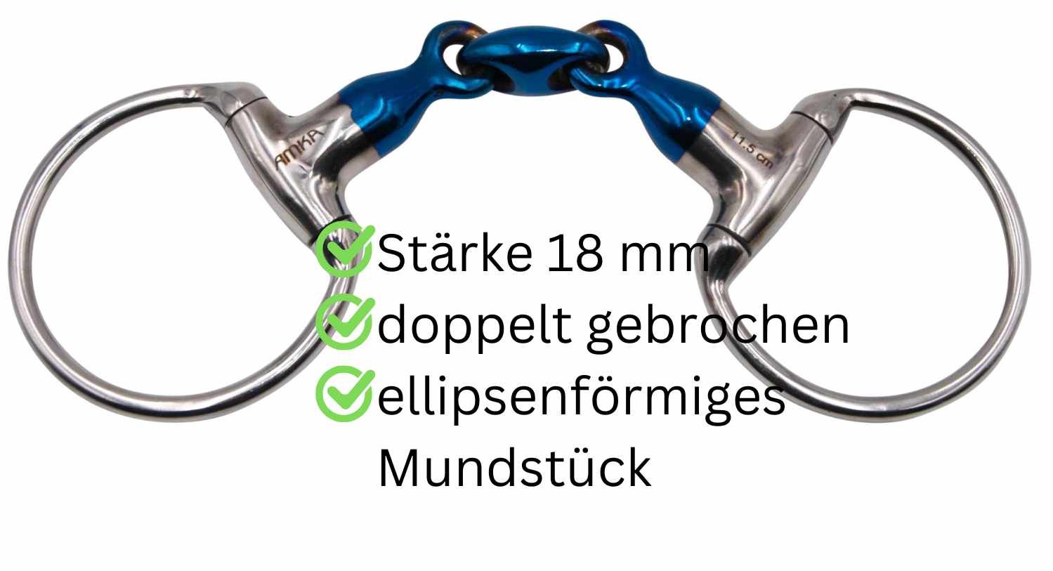 Gebiss mit blauem Mittelstück und Ringen. Text: Stärke 18 mm, doppelt gebrochen, ellipsenförmiges Mundstück.