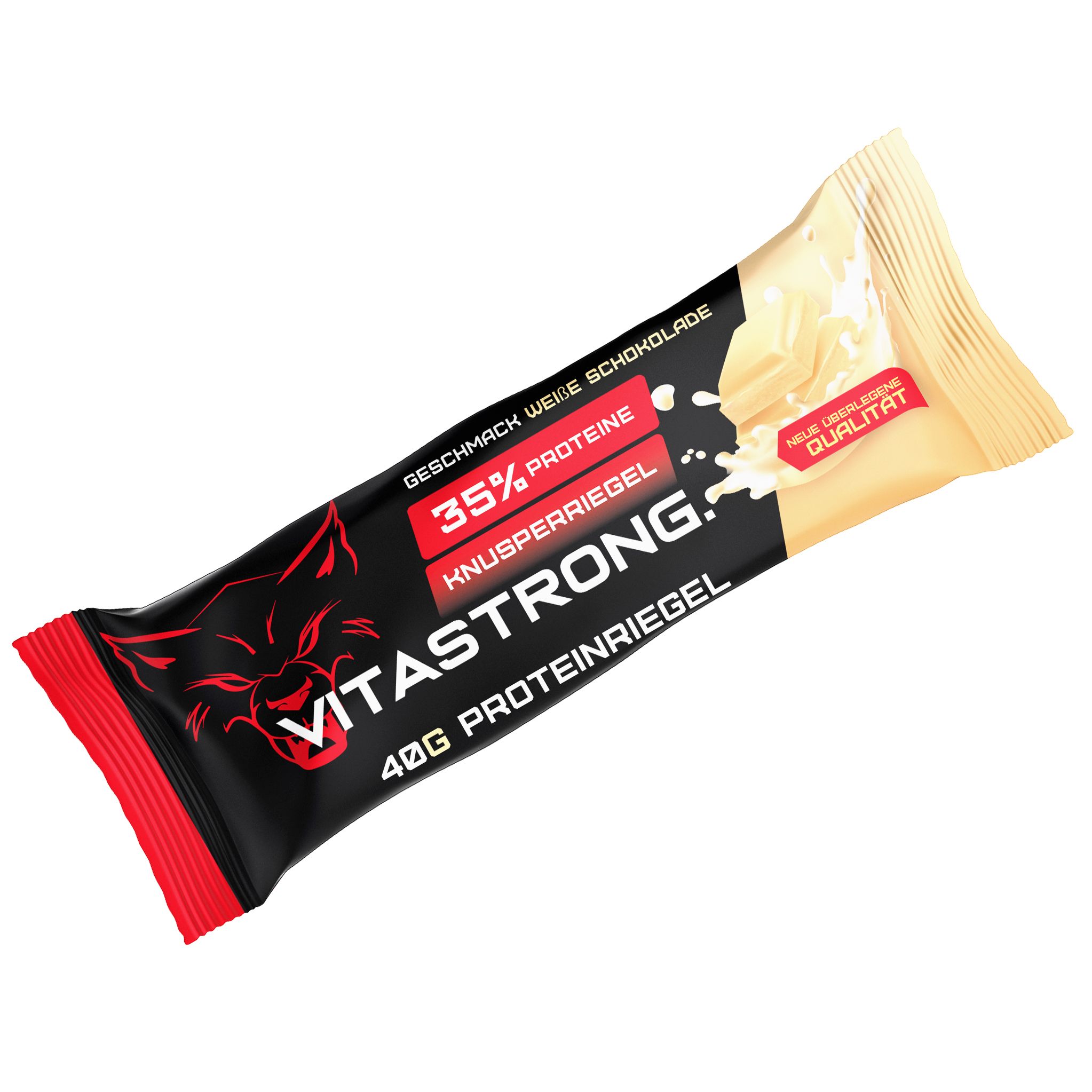 Einzelne Proteinriegel-Verpackung. Schwarze und rote Verpackung mit Produktinformationen und Logo. Enthält 35% Protein.