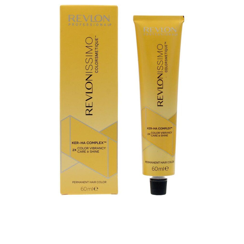 Revlon Revlonissimo Colorsmetique Tube und Verpackung. Gelb-goldene Farbgebung. Schwarzer Verschluss.